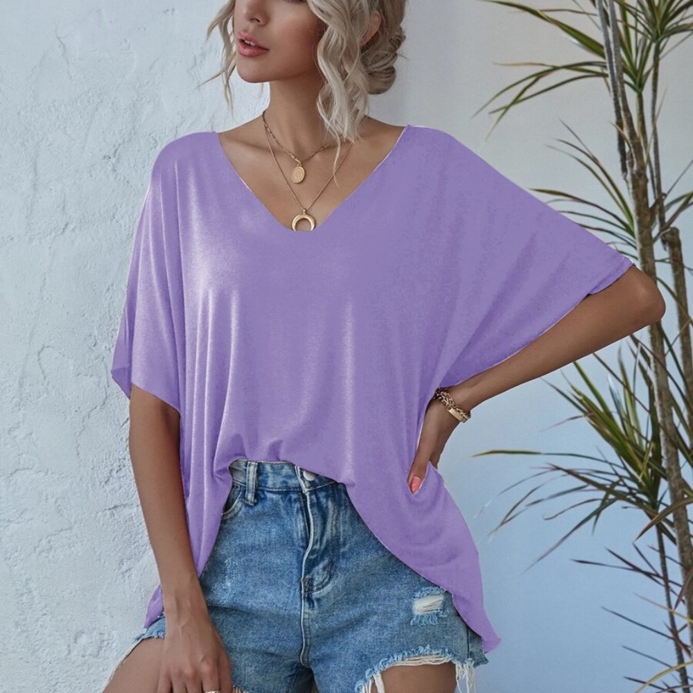 Lilac V neck Classic Dolman Sleeve Oversized Top - Picture 1 of 9
